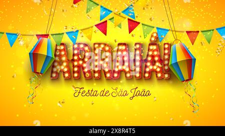 Festa Junina Illustration mit Partyflaggen, Konfetti und Arraia Glühbirne Reklametafelbuchstabe auf gelbem Hintergrund. Vector Brazil Sao Joao June Festival Stock Vektor