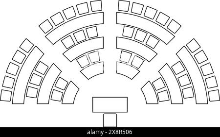 Sitzplätze im Auditorium, Draufsicht, halbrunde Anordnung. Schema der Sitzplätze im Klassenzimmer, im Vorlesungssaal oder in einer Tagung, Konferenz, Schulung oder Seminarveranstaltung Stock Vektor