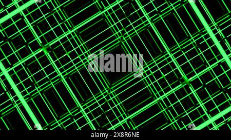Rotierende Bewegungssimulation mit quadratischer Linienkonstruktion. Design. Räumliches Raster mit Linien und Quadraten. Elektronisches Gitter mit quadratischem Tunnel Stockfoto