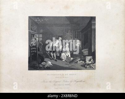 Schwarz-weiß-Illustration: „Tod des Earls“. Stich nach William Hogarth (1697–1764) aus seiner Serie „Marriage a la Mode“ Stockfoto