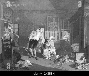 Schwarz-weiß-Illustration: „Tod des Earls“. Stich nach William Hogarth (1697–1764) aus seiner Serie „Marriage a la Mode“ Stockfoto