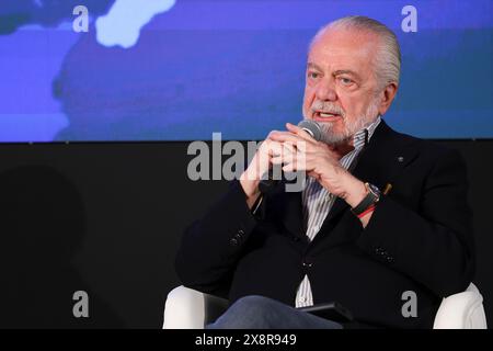 Trentola Ducenta, Italien, 27. Mai 2024. Der Präsident der neapolitanischen Fußballmannschaft, Aurelio de Laurentiis, während der Konferenz "ist Italien ein rassistisches Land?". Quelle: Marco Cantile/Alamy Live News Stockfoto