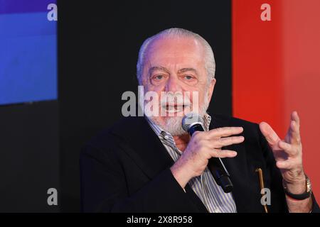 Trentola Ducenta, Italien, 27. Mai 2024. Der Präsident der neapolitanischen Fußballmannschaft, Aurelio de Laurentiis, während der Konferenz "ist Italien ein rassistisches Land?". Quelle: Marco Cantile/Alamy Live News Stockfoto