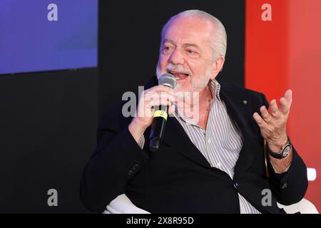 Trentola Ducenta, Italien, 27. Mai 2024. Der Präsident der neapolitanischen Fußballmannschaft, Aurelio de Laurentiis, während der Konferenz "ist Italien ein rassistisches Land?". Quelle: Marco Cantile/Alamy Live News Stockfoto