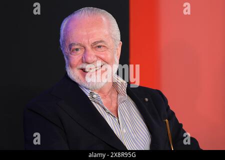 Trentola Ducenta, Italien, 27. Mai 2024. Der Präsident der neapolitanischen Fußballmannschaft, Aurelio de Laurentiis, während der Konferenz "ist Italien ein rassistisches Land?". Quelle: Marco Cantile/Alamy Live News Stockfoto