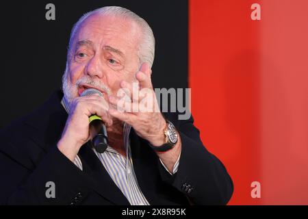 Trentola Ducenta, Italien, 27. Mai 2024. Der Präsident der neapolitanischen Fußballmannschaft, Aurelio de Laurentiis, während der Konferenz "ist Italien ein rassistisches Land?". Quelle: Marco Cantile/Alamy Live News Stockfoto