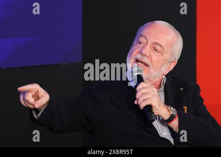 Trentola Ducenta, Italien, 27. Mai 2024. Der Präsident der neapolitanischen Fußballmannschaft, Aurelio de Laurentiis, während der Konferenz "ist Italien ein rassistisches Land?". Quelle: Marco Cantile/Alamy Live News Stockfoto