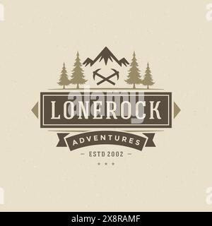 Camping Logo Emblem Vektor Illustration. Outdoor-Abenteuer-Expedition, Kiefern und Berge Silhouetten Hemd, Druckstempel. Alte Typografie schlecht Stock Vektor