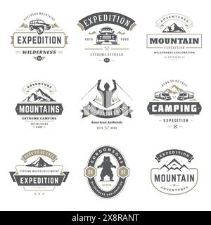 Camping Logos Vorlagen Vektor Design Elemente und Silhouetten Set, Outdoor Abenteuer Berge und Wald Expeditionen, Vintage Stil Embleme und Badg Stock Vektor