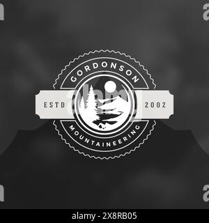 Camping Logo Emblem Vektor Illustration. Outdoor-Abenteuer-Expedition, Kiefern und Berge Silhouetten Hemd, Druckstempel. Alte Typografie schlecht Stock Vektor