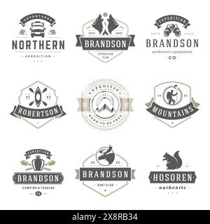 Camping Logos Vorlagen Vektor Design Elemente und Silhouetten Set, Outdoor Abenteuer Berge und Wald Expeditionen, Vintage Stil Embleme und Badg Stock Vektor
