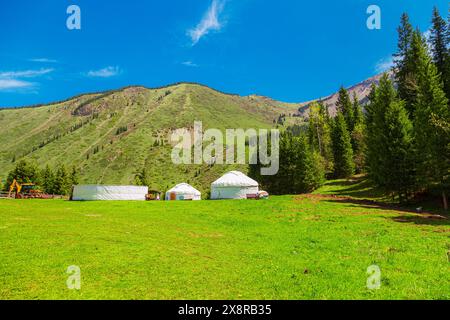 Wunderschöne Frühlingslandschaft in den Bergen mit Jurten - traditionelle Rahmenhäuser unter den Völkern Zentralasiens. Grasbewachsene Hügel an einem sonnigen Tag. Alm Stockfoto