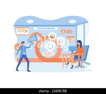 Scrum-Framework, Software-Entwicklungsmethodik Prozessdiagramm. Gekennzeichnetes Konzept für agile Software-Entwicklung, Erläuterung der Teamarbeit im Task-Sprint Stock Vektor