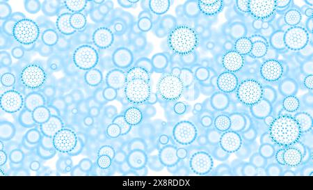 Interaktion zwischen Bakterien. Design. Abstrakter medizinischer Hintergrund mit sich schnell ausbreitenden Viruszellen blauer Farbe. Stockfoto