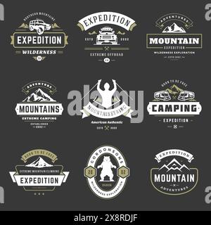 Camping Logos Vorlagen Vektor Design Elemente und Silhouetten Set, Outdoor Abenteuer Berge und Wald Expeditionen, Vintage Stil Embleme und Badg Stock Vektor