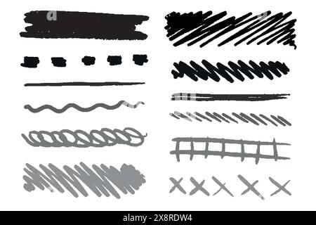Mit einem Bleistift werden seitlich Linien gezeichnet und das Set bewegt sich. Kohlestriche auf weißem Hintergrund. Skizzenhafte Linien im Doodle-Stil. Kratzer mit Rough Stock Vektor