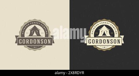 Wald Camping Logo Emblem Sommer Wanderung Vektor Illustration mit Zelt Silhouette für Hemd oder Druckstempel. Vintage-Typografie-Abzeichen. Stock Vektor