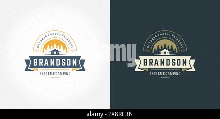 Wald Camping Logo Emblem Vektor Sommer Camping Illustration Berge mit Kabine und Kiefern Silhouetten für Hemd oder Druckstempel. Vintage-Typogr Stock Vektor
