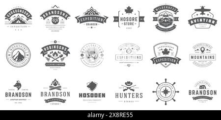 Camping Logos Vorlagen Vektor Design Elemente und Silhouetten Set, Outdoor Abenteuer Berge und Wald Expeditionen, Vintage Stil Embleme und Badg Stock Vektor