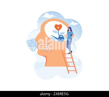 Psychische Gesundheitskonzepte. Gehirn und Herz. Welttag der psychischen Gesundheit. Moderne Illustration des flachen Vektors Stock Vektor