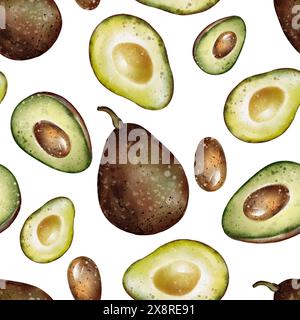 Nahtloses Avocadomuster in Aquarellfarben. Frisches Obst auf weißem Hintergrund. Handgezogene Gemüshälften. Richtiges Ernährungs-Ornament. Vegetarischer Hintergrund Stockfoto