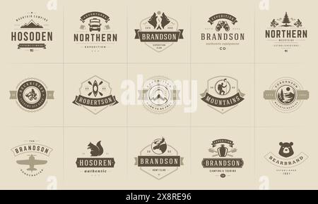 Camping Logos und Abzeichen Vorlagen Vektor Design Elemente und Silhouetten Set. Outdoor-Abenteuer Berge und Forest Camp Vintage Stil Embleme und l Stock Vektor