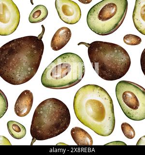 Nahtloses Avocadomuster in Aquarellfarben. Frisches Obst auf weißem Hintergrund. Handgezogene Gemüshälften. Richtiges Ernährungs-Ornament. Vegetarischer Hintergrund Stockfoto