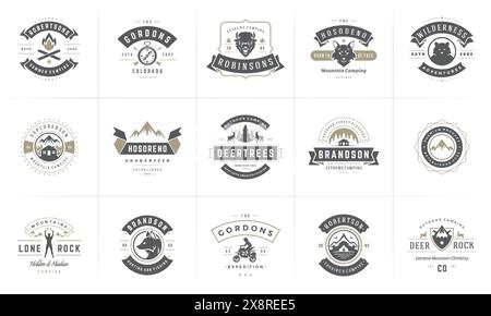 Camping Logos und Abzeichen Vorlagen Vektor Design Elemente und Silhouetten Set. Outdoor-Abenteuer Berge und Forest Camp Vintage Stil Embleme und l Stock Vektor