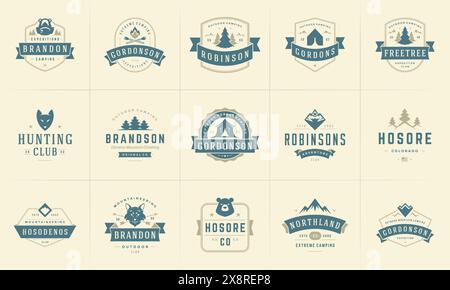 Camping Logos und Abzeichen Vorlagen Vektor Design Elemente und Silhouetten Set. Outdoor-Abenteuer Berge und Forest Camp Vintage Stil Embleme und l Stock Vektor