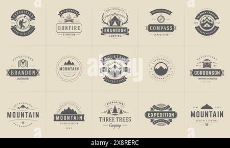 Camping Logos und Abzeichen Vorlagen Vektor Design Elemente und Silhouetten Set. Outdoor-Abenteuer Berge und Forest Camp Vintage Stil Embleme und l Stock Vektor