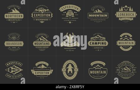 Camping Logos und Abzeichen Vorlagen Vektor Design Elemente und Silhouetten Set. Outdoor-Abenteuer Berge und Forest Camp Vintage Stil Embleme und l Stock Vektor