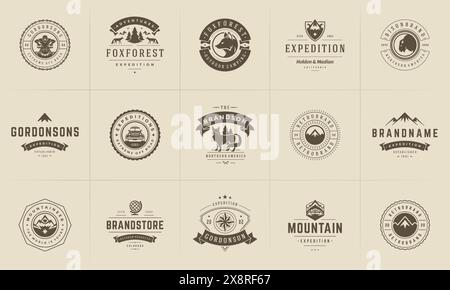 Camping Logos und Abzeichen Vorlagen Vektor Design Elemente und Silhouetten Set. Outdoor-Abenteuer Berge und Forest Camp Vintage Stil Embleme und l Stock Vektor