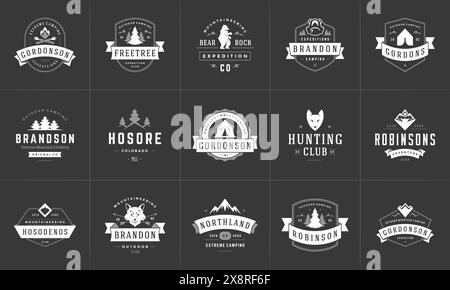 Camping Logos und Abzeichen Vorlagen Vektor Design Elemente und Silhouetten Set. Outdoor-Abenteuer Berge und Forest Camp Vintage Stil Embleme und l Stock Vektor