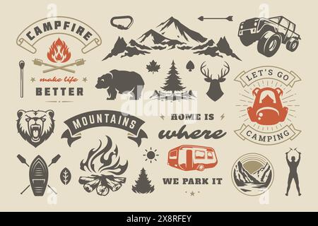 Sommer Camping und Outdoor-Abenteuer Design Elemente Set, Zitate und Icons Vektor Illustration. Berge, wilde Tiere und andere. Gut für T-Shirts, Stock Vektor