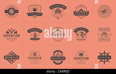 Camping Logos und Abzeichen Vorlagen Vektor Design Elemente und Silhouetten Set. Outdoor-Abenteuer Berge und Forest Camp Vintage Stil Embleme und l Stock Vektor