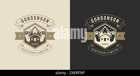 Berge Logo Emblem Outdoor Abenteuer Camping Vektor Illustration Berg und Kabine Silhouetten für Hemd oder Druckstempel. Vintage-Typografie-Emblem Stock Vektor