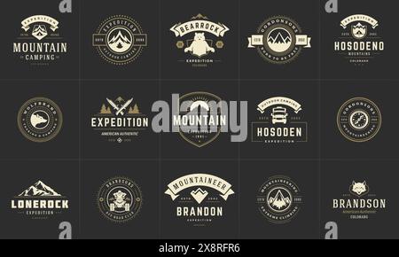 Camping Logos und Abzeichen Vorlagen Vektor Design Elemente und Silhouetten Set. Outdoor-Abenteuer Berge und Forest Camp Vintage Stil Embleme und l Stock Vektor