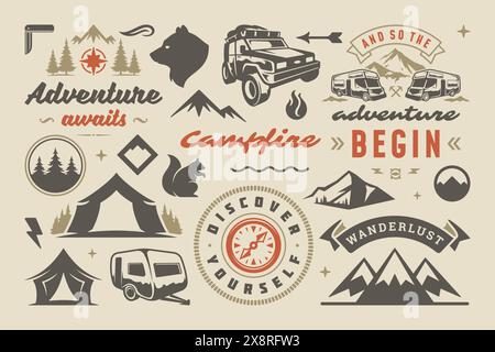 Camping und Outdoor-Abenteuer Design-Elemente Set, Zitate und Icons Vektor Illustration. Berge, wilde Tiere und andere. Gut für T-Shirts, Tassen, g Stock Vektor