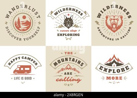 Camping und Outdoor Abenteuer Zitate und Sprüche Typografie Set Vektor Illustration. Gut für T-Shirts, Tassen, Grußkarten, Fotoüberzüge und poste Stock Vektor