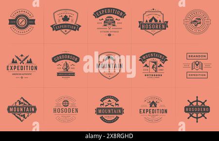 Camping Logos und Abzeichen Vorlagen Vektor Design Elemente und Silhouetten Set. Outdoor-Abenteuer Berge und Forest Camp Vintage Stil Embleme und l Stock Vektor