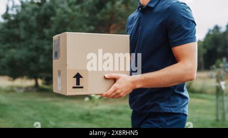 Junger Mann, der in Delivery Services arbeitet. Postbote, der Pappkarton aus einem Lieferfahrzeug bringt und die Box zum Hausbesitzer bringt. Kurier bei der Arbeit. Stockfoto