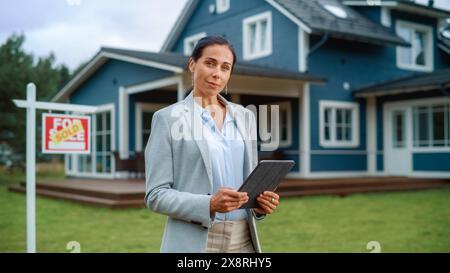 Porträt eines professionellen Immobilienmaklers, der einen Tablet-Computer hält, für die Kamera posiert und lächelt. Befähigte Immobilienmaklerin steht vor dem Wohnhaus zum Verkauf auf dem Wohnungsmarkt. Stockfoto