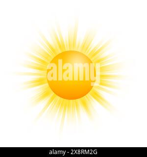 Realistische Sonne mit Sonnenstrahlen für Wetterdesign. Heiße Temperatur. Sonnenschein-Symbol. Abbildung des Vektormaterials. Stock Vektor