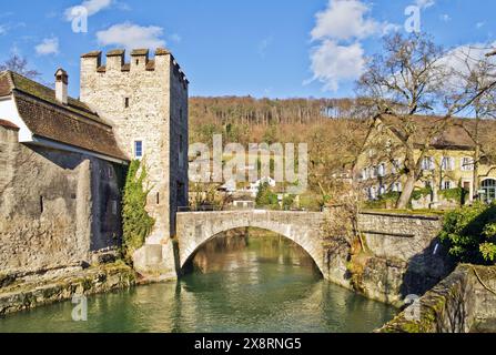 Zwingen, Zwingen BL, Laufental, Wasserschloss, Schloss, Baselland, Baselbiet, Wahrzeichen, Wasserschloss Zwingen Stockfoto