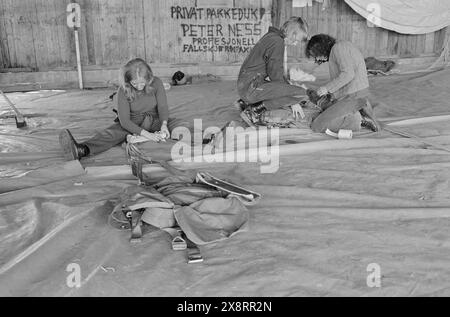 Aktuell 22-1-1973 : Jenta fra skyeneHun har nådd til topps i en typisk mannfolksport. Gerd Langseth kan nå ta ut sin instruktørlisens som fallskjermhopper. Hun boltrer seg under skyene og inviterer sine medsøstre velkommen etter. - Fallskjermpakkingen er viktig. Den er en billig livsforsikring, bemerker Gerd, Som bruker 10-15 minutter på jobben. Hun har ennå ikke hatt et eneste uhell de to åra hun har hoppet. Sikkerhetsreglene er meget strenge. Foto; Ivar Aaserud / aktuell / NTB ***FOTO IKKE BILDEBEHANDLET*** dieser Bildtext wird automatisch übersetzt Stockfoto