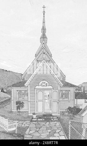 Sognefjord Wahrzeichen, eine hölzerne 'englische' Kirche, St Olaf's, Balestrand, Norwegen i(n Erinnerung an Margaret Green) hat Drachenköpfe in die Architektur eingebaut. Stockfoto