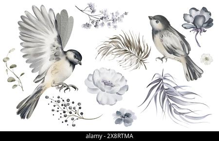 Aquarellset mit Vögeln und Blumen. Weihnachtsset mit Winterpflanzen. Neujahrsblumen-Clipart in Blau- und Indigo-Farben. Kollektion aus Dunkelblau Stockfoto