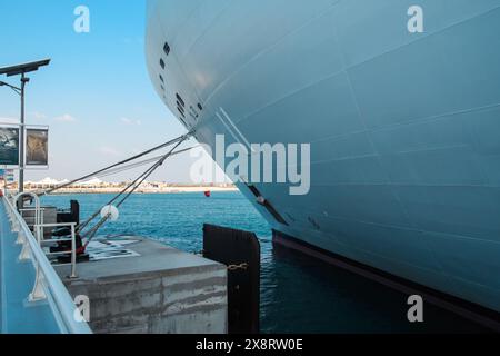 Sir Bani Yas, VAE - 5. Januar 2024: Ein kolossales Kreuzfahrtschiff, das am Pier der Insel Sir Bani Yas vor Anker liegt und die luxuriösen Reisemöglichkeiten zeigt Stockfoto