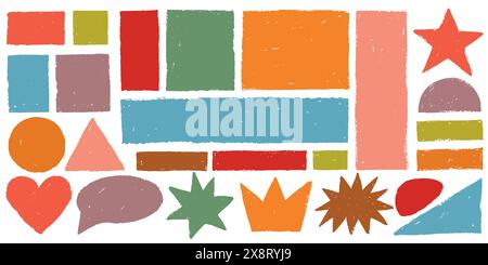 Buntes Vektor-Set mit Doodle rechteckige Formen mit rauen Kanten, Hintergründen, Rahmen, Sterne, Sprechblase, Krone Stock Vektor