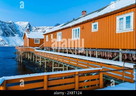 Ein hölzerner Dock erstreckt sich bis ins Wasser, neben einem lebhaften gelben Gebäude in Lofoten, Norwegen. Die Szene bietet einen malerischen Blick auf den ruhigen surr Stockfoto